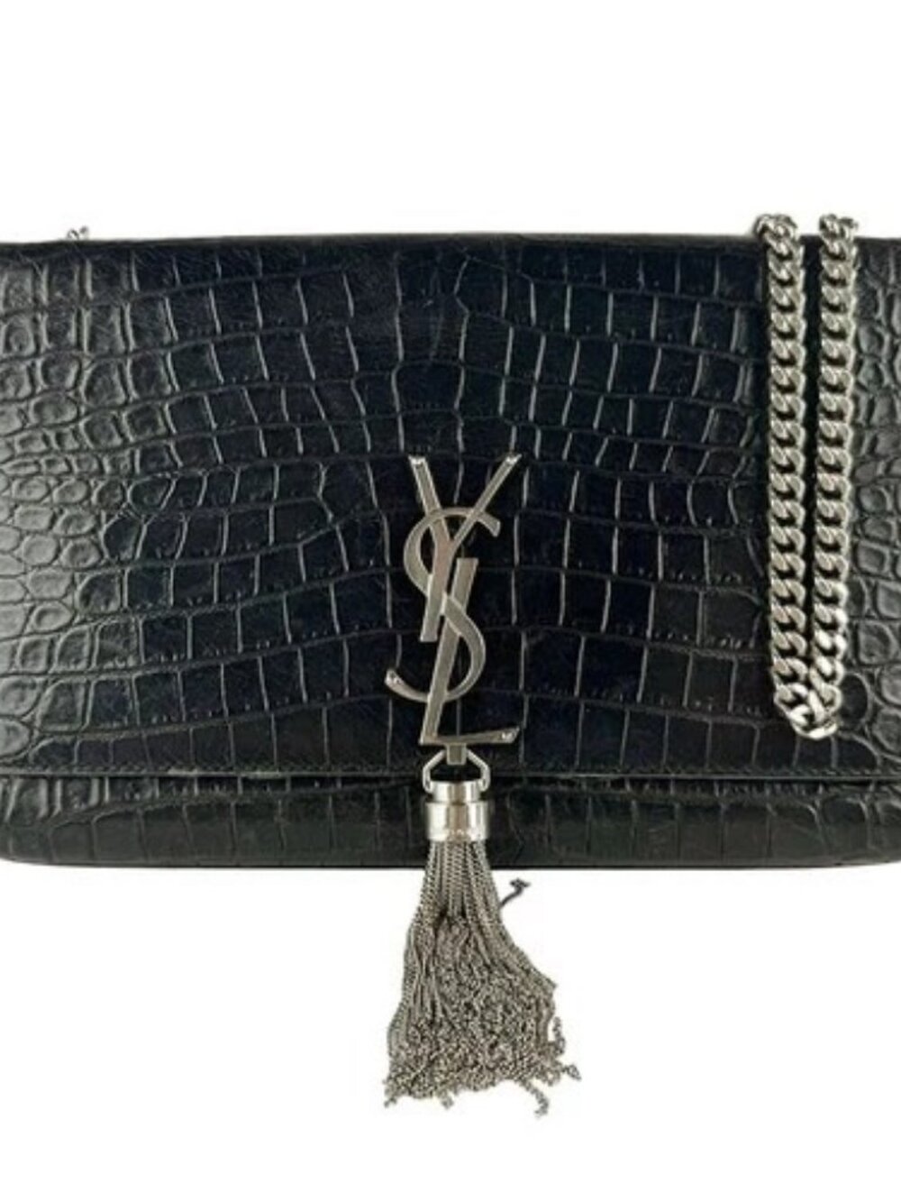 Auth SAINT LAURENT Chian Shoulder Bag Black/Silver Embossed Leather - z10089